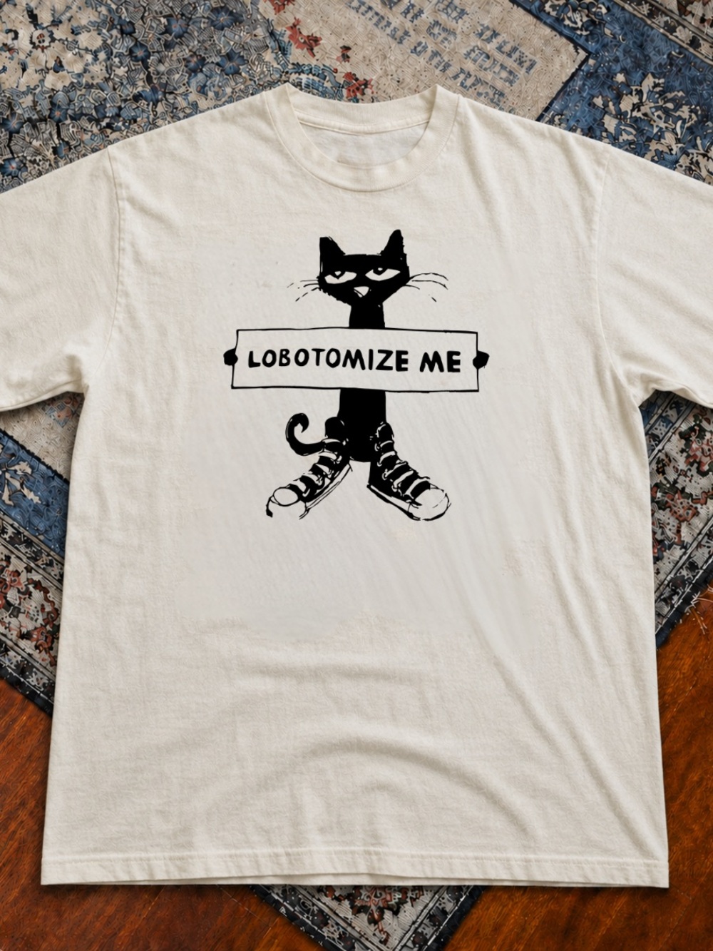 Off White Tee with Black Cat 'Lobotomize Me' Graphic